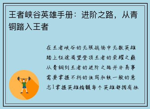 王者峡谷英雄手册：进阶之路，从青铜踏入王者